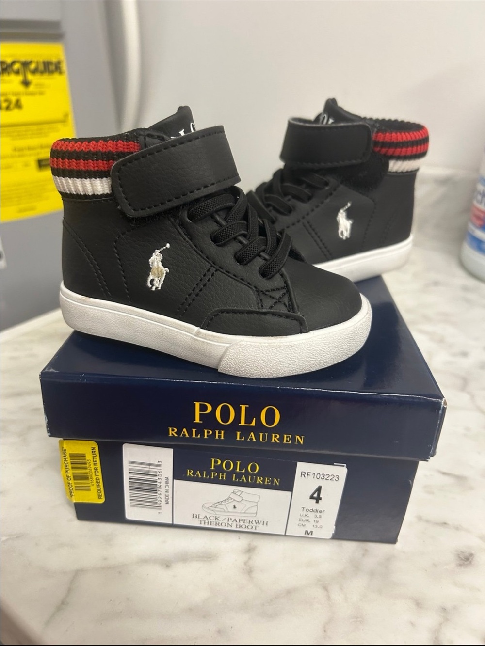 Ralph Lauren Black Toddler High-Top Sneakers with Red and White Trim